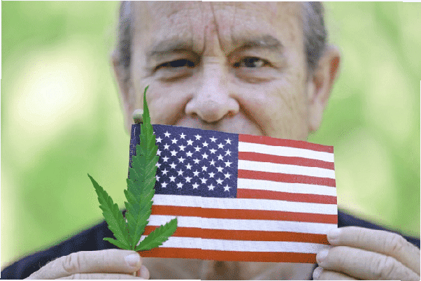 Veterano sosteniendo marihuana y bandera americana